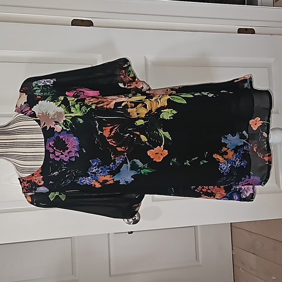 Choice Pretty Black Floral Chiffon Women Dress with Puff Sleeve Size L - Picture 2 of 9